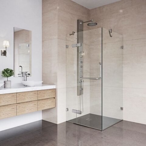 Mẫu vách ngăn kính nhà tắm vuông góc – 90 độ cánh mở