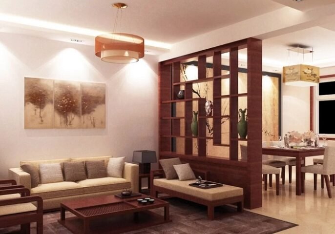 Vách ngăn phòng khách bằng gỗ công nghiệp mang phong cách Châu Âu