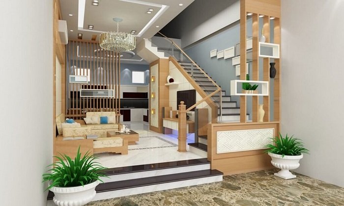 Vách ngăn phòng khách bằng gỗ công nghiệp kiểu dáng hiện đại