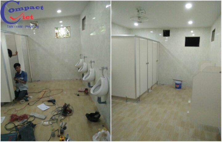Tất bật trong giai đoạn lắp đặt vách ngăn vệ sinh đúng với những lời mà Compact Việt đã hứa hẹn với khách hàng.
