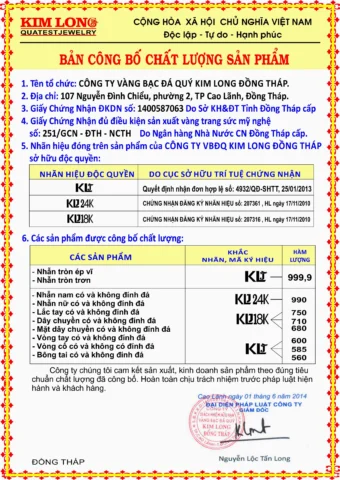 Bảng công bố chất lượng sản phẩm vàng tại Đồng Tháp