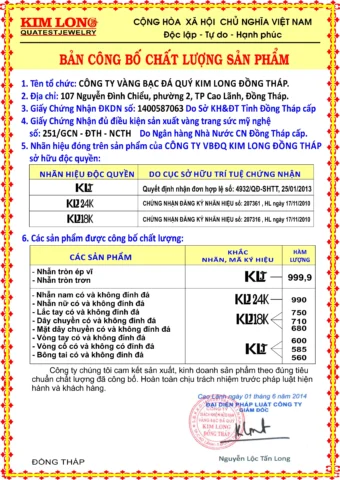 Giá Vàng Hôm Nay Kim Long: Phân Tích Chuyên Sâu Cập Nhật 2026 Bảng công bố chất lượng sản phẩm vàng