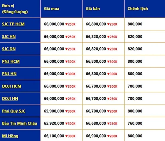 Bảng giá vàng SJC và các loại vàng khác