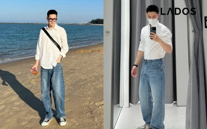 Áo sơ mi trắng phối với quần jean cổ điển