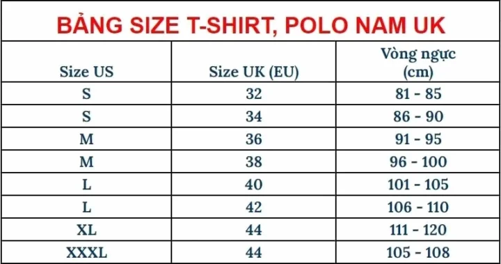 Bảng size áo polo Châu Âu