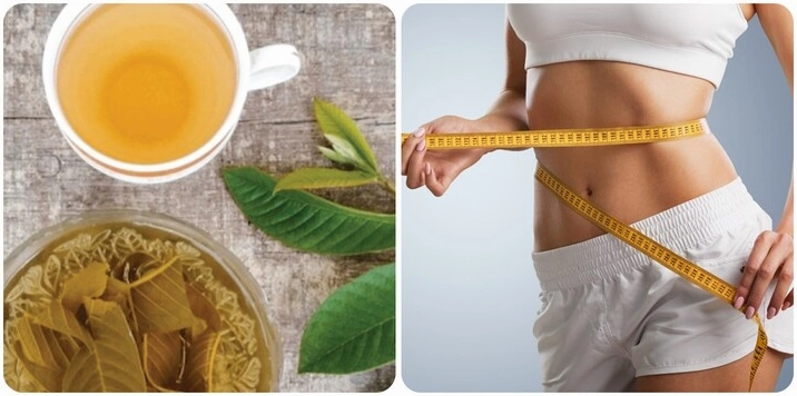 Chai nước lá ổi đặt cạnh một bát lá ổi tươi