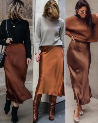 Chân váy lụa satin phối cùng áo len 