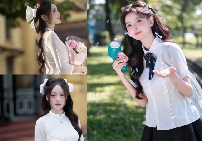 Cô gái với tóc buộc cao gọn gàng và phụ kiện tinh tế