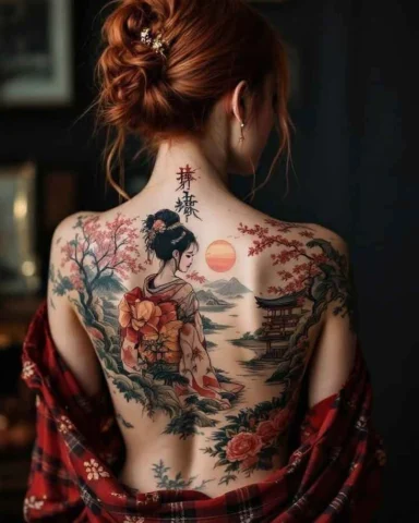 Hình xăm full lưng nữ với họa tiết hoa và thiên nhiên tinh tế