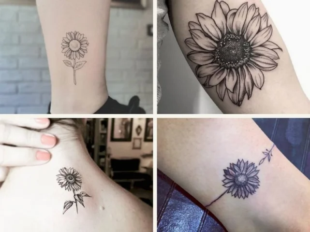 Hình xăm hoa hướng dương nhỏ phong cách Blackwork