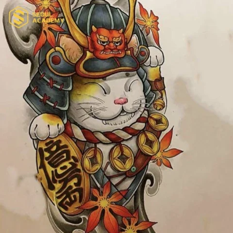 Hình Xăm Mèo Thần Tài Samurai: Biểu Tượng May Mắn & Sức Mạnh Hình xăm Mèo Thần Tài phong cách Samurai