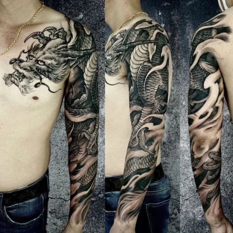 Hình Xăm Rồng Đen Trắng Kín Tay: Biểu Tượng Sức Mạnh & Nghệ Thuật Mẫu hình xăm rồng đen trắng kín tay phong cách Nhật Bản