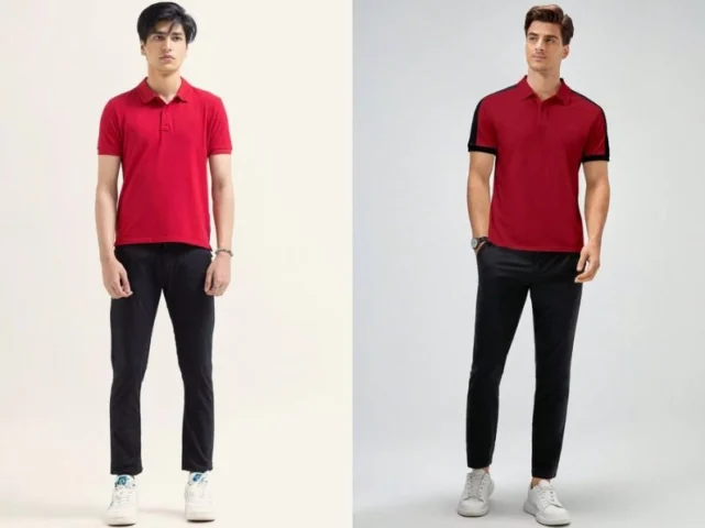 Người mẫu mặc áo đỏ và quần trắng