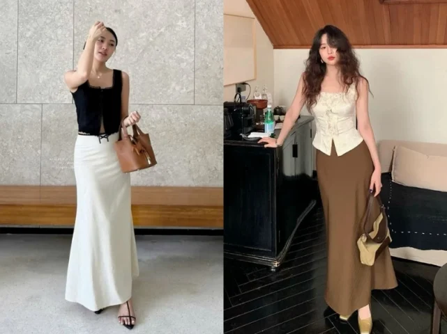 Phối chân váy lụa satin với áo thun và áo sơ mi