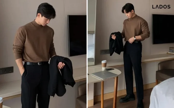 Outfit Đi Đám Cưới Nam 2026: Lịch Lãm & Ấn Tượng Phối quần tây với áo thun cổ lọ thanh lịch cho nam