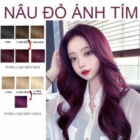 Nâu Đỏ Ánh Tím: Xu Hướng Tóc Nhuộm "Gây Thương Nhớ" Cuối 2026 Cô gái với phong cách thời trang ấn tượng cùng mái tóc nâu đỏ ánh tím