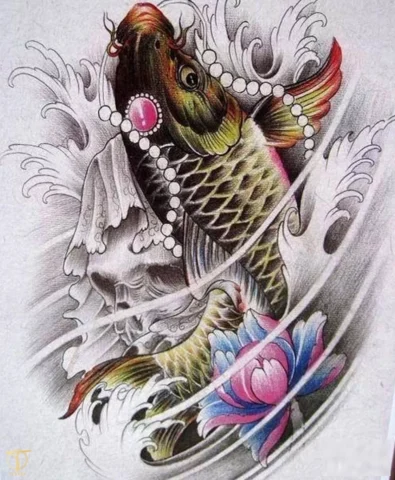 Hình xăm cá chép hóa rồng kết hợp hoa sen