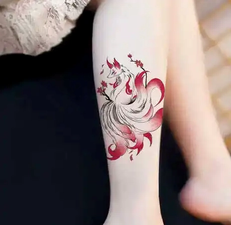 Hình xăm hồ ly 9 đuôi kết hợp hoa mẫu đơn