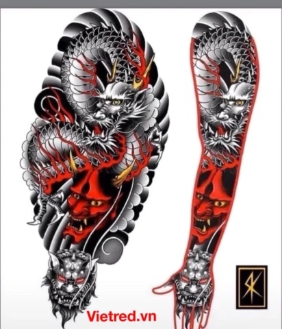Hình xăm rồng full tay với hiệu ứng 3D