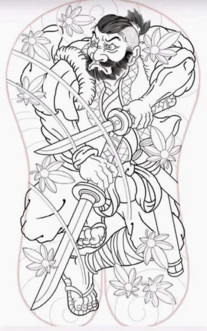 Samurai Tattoo Nhật Cổ: Biểu Tượng Quyền Lực và Truyền Thống Hình xăm Samurai với thanh katana và hoa mẫu đơn