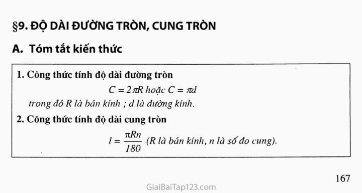 Minh họa công thức tính độ dài cung tròn