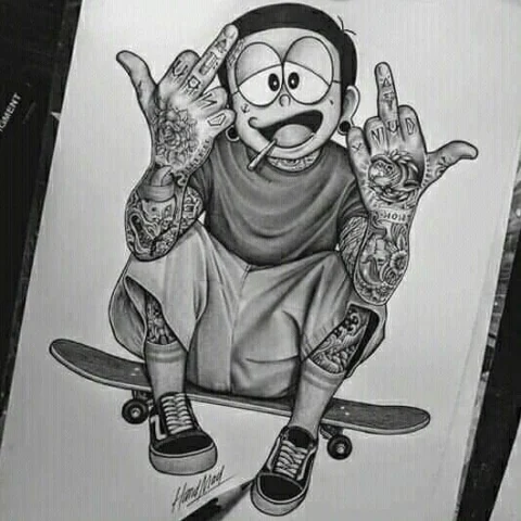 Khám phá ảnh Nobita Xăm Trổ: Sự Biến Đổi Đầy Bất Ngờ Nobita với hình xăm trên cánh tay và cổ
